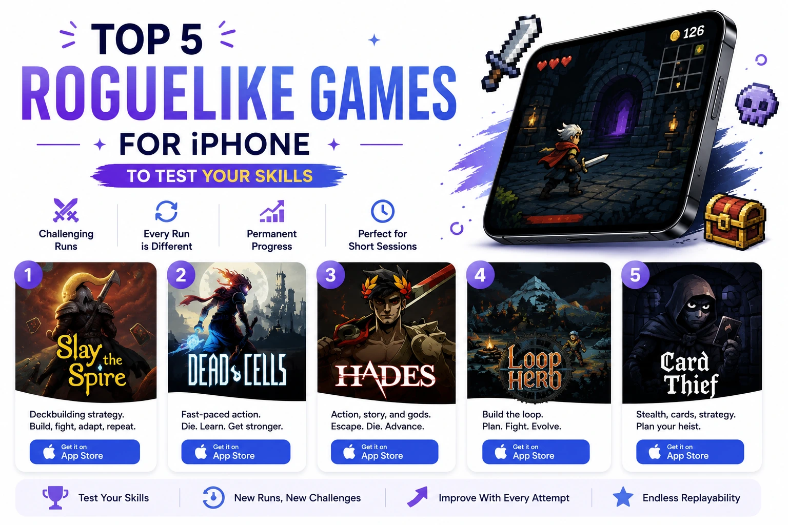 Discover the 5 best roguelike games for iPhone in 2026, from Slay the Spire to Dead Cells, for genuinely challenging, replayable runs.